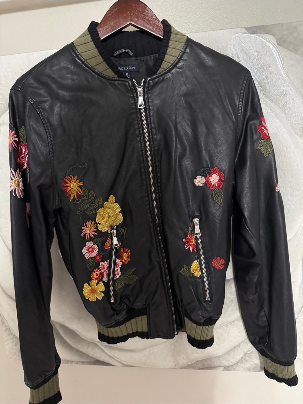 Floral Embroidered Black Bomber Jacket